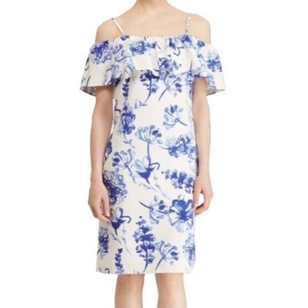LAUREN RALPH LAUREN Catalina Blue Floral Off Shoulder Sheath Dress 12 Romantic